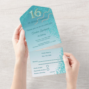 Teal Blue Glitter Calligraphy Number Sweet 16 All In One Invitation