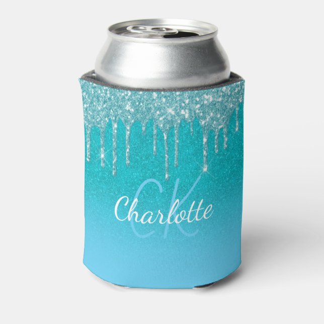 Teal blue glitter drip aqua sea green monogram  can cooler (Can Back)