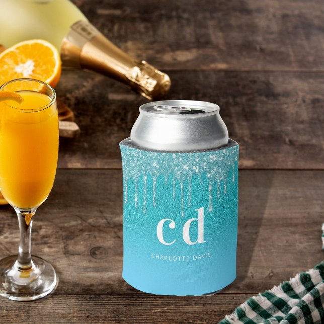 Teal blue glitter drip aqua sea green monogram can cooler (Creator Uploaded)