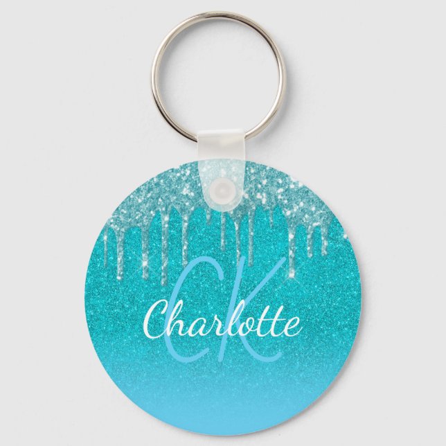 Teal blue glitter drips aqua green monogram  key ring (Front)