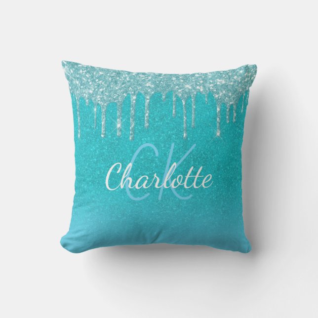 Teal blue glitter drips aqua sea green monogram cushion (Front)