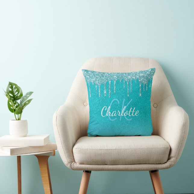 Teal blue glitter drips aqua sea green monogram cushion (Chair)