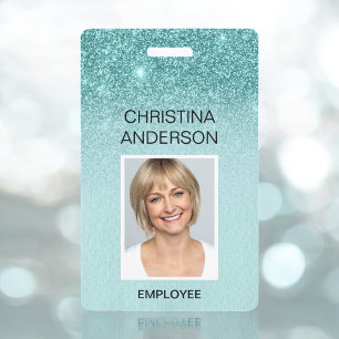 Teal Blue Glitter Employee Name Photo Corporate ID Badge