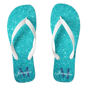  Teal Blue Glitter Glam Monogrammed Thongs
