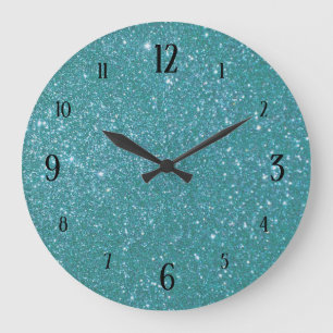 Teal Blue Glitter Glam with Black Numbers Large Clock