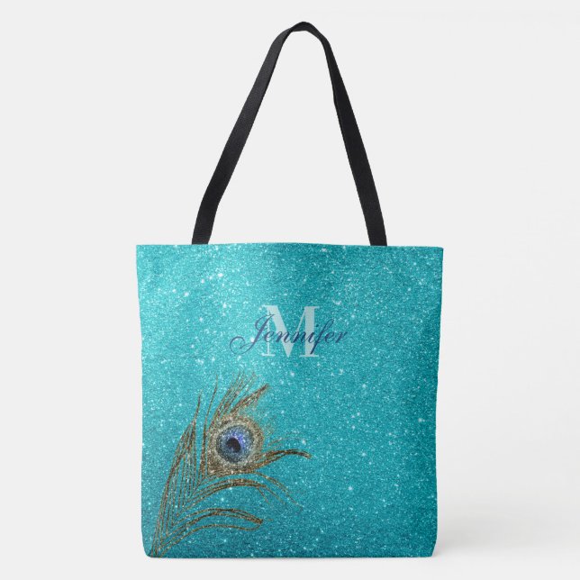  Teal Blue Glitter Glam with Peacock Feather Tote  Bag (Front)