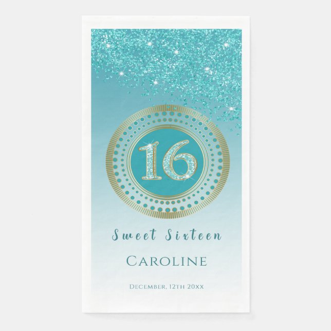 Teal Blue Glitter & Gold Sweet 16 Monogrammed   Napkin (Front)