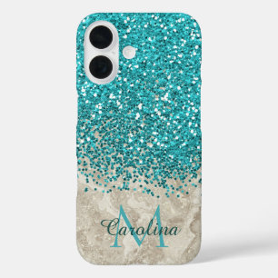 Teal Blue Glitter, Grey Marble Mobile iPhone 16 Case