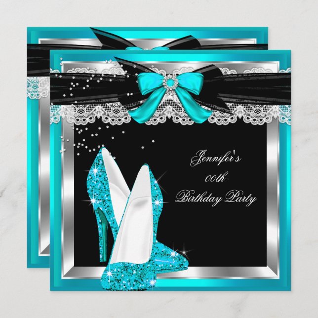 Teal Blue Glitter Hi Heels Silver Birthday Party Invitation (Front/Back)