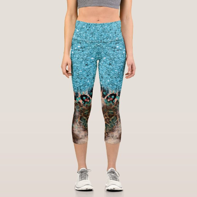 Teal Blue Glitter Leopard Print Abstract Capri Leggings (Front)