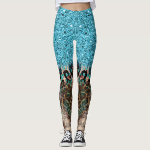 Teal Blue Glitter Leopard Print Abstract Leggings