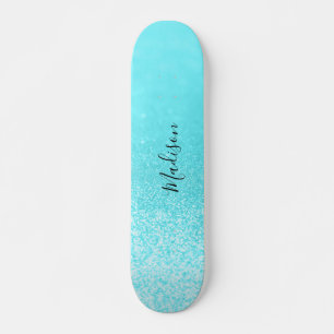 Teal Blue Glitter Lights Personalised Skateboard