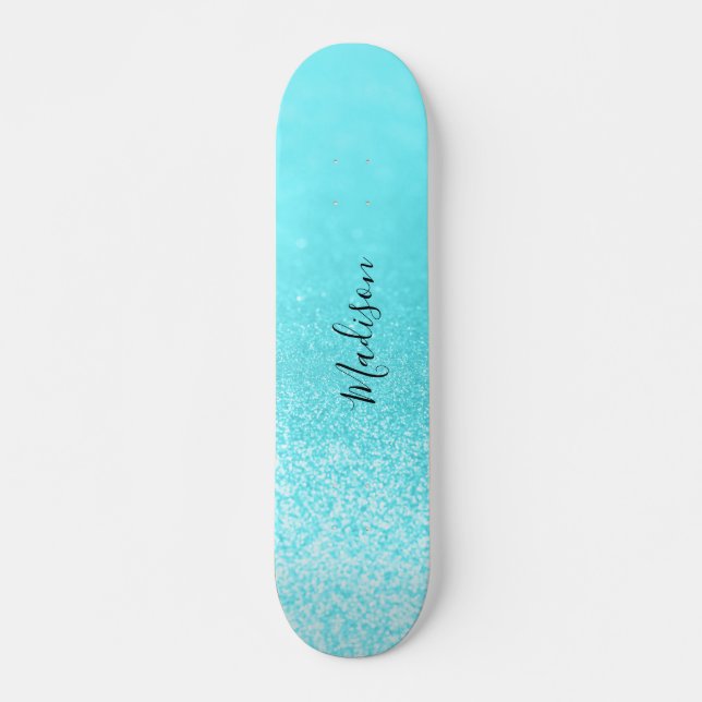 Teal Blue Glitter Lights Personalised Skateboard (Front)