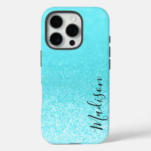 Teal Blue Glitter Lights Personalized iPhone 16 Pro Case