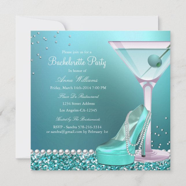 Teal Blue Glitter Pearl Bachelorette Party Invite (Front)