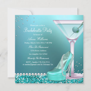 Teal Blue Glitter Pearl Bachelorette Party Invite