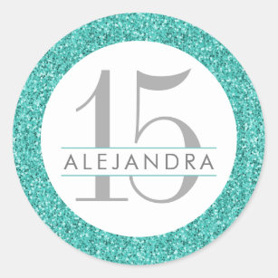 Teal Blue Glitter Quince Años Favour Sticker Label