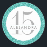 Teal Blue Glitter Quince Años Favour Sticker Label<br><div class="desc">Sparkly Gold Glitter with silver grey (text colour is customisable) quince birthday age number and name text. Great accent for an elegant and modern 15th birthday party, Quinceanera, quince años, or any birthday, party or wedding. The artwork is a printed image of glitter - no real glitter is used. Visit...</div>