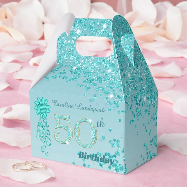 Teal Blue Glitter & Ribbon 50th Birthday Favour Box (Wedding)