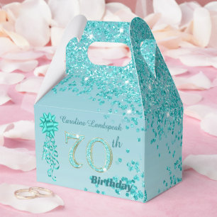 Teal Blue Glitter & Ribbon 70th Birthday Favour Box