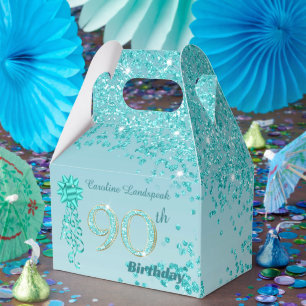 Teal Blue Glitter & Ribbon 90th Birthday Favour Box
