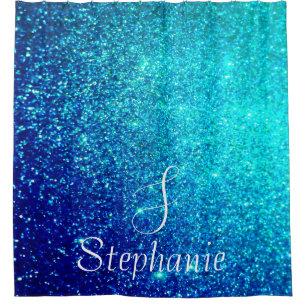 Teal Blue Glitter Sparkle Monogram Initials Cute Shower Curtain