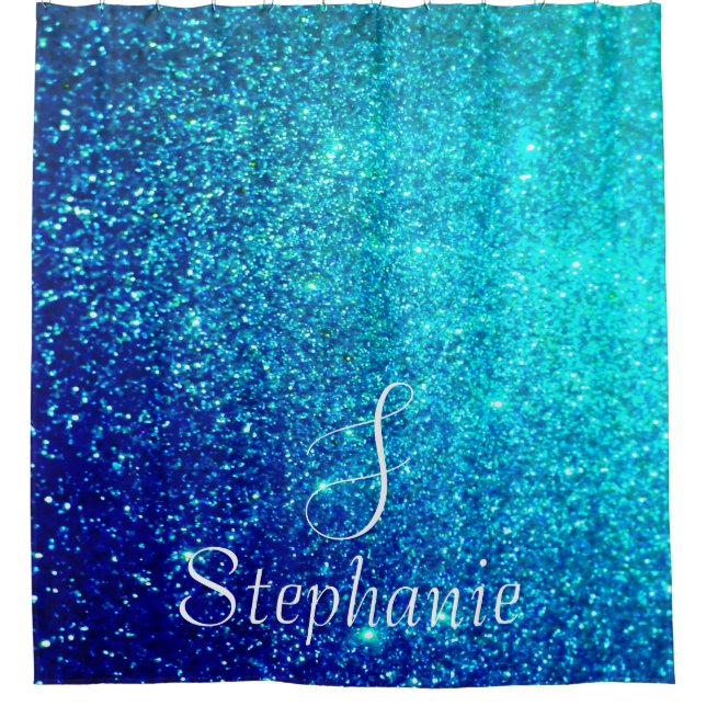 Teal Blue Glitter Sparkle Monogram Initials Cute Shower Curtain (Front)