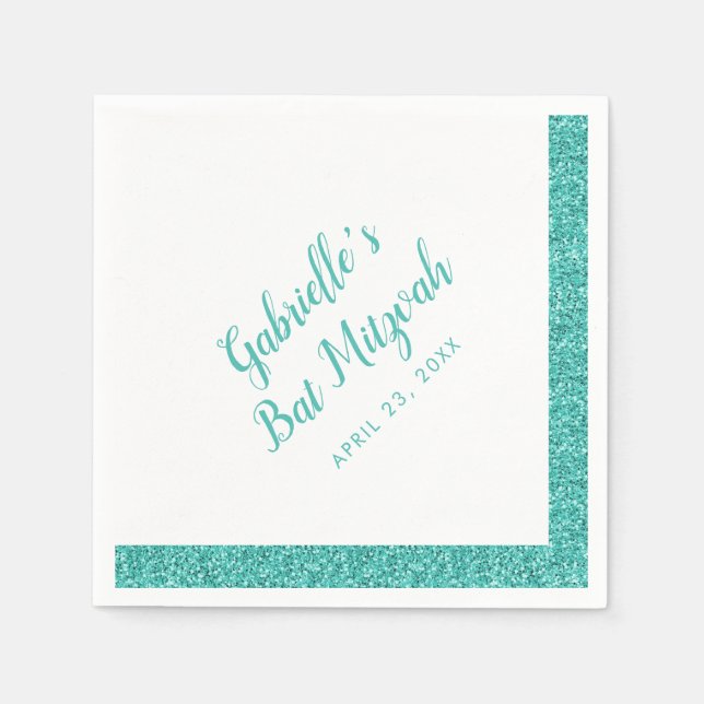 Teal Blue Glitter Stripe Personalised Bat Mitzvah Napkin (Front)