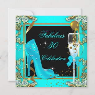 Teal Blue Gold 30th High Heels Birthday Party Invitation