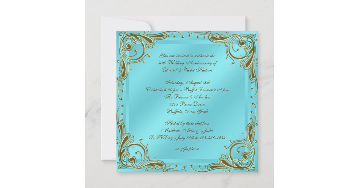 Teal Blue Gold 50th Wedding Anniversary Party Invitation | Zazzle