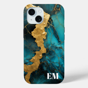Teal Blue Gold Abstract Marble Monogram iPhone 15 Case