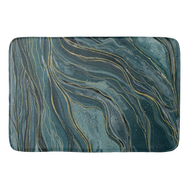 Teal Blue Gold Abstract Watercolor Waves Bath Mat (Front)