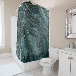 Teal Blue Gold Abstract Watercolor Waves Shower Curtain