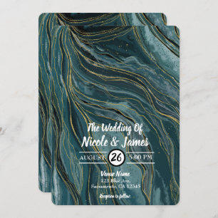 Teal Blue Gold Abstract Watercolor Wedding Invitation