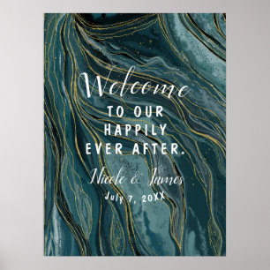 Teal Blue Gold Abstract Watercolor Wedding Sign