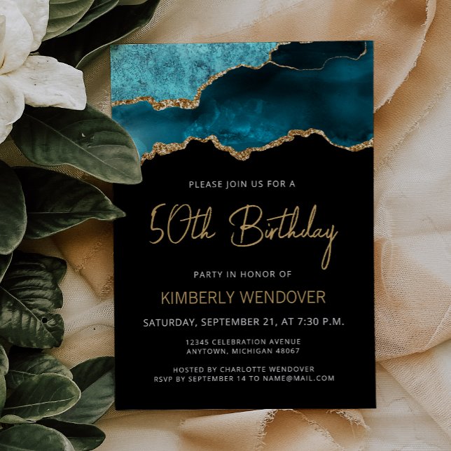 Teal Blue Gold Agate 50th Birthday Invitation (Creator Uploaded)