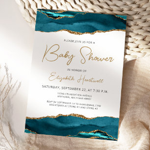 Teal Blue Gold Agate Baby Shower Invitation