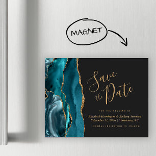 Teal Blue Gold Agate Dark Magnetic Save the Date