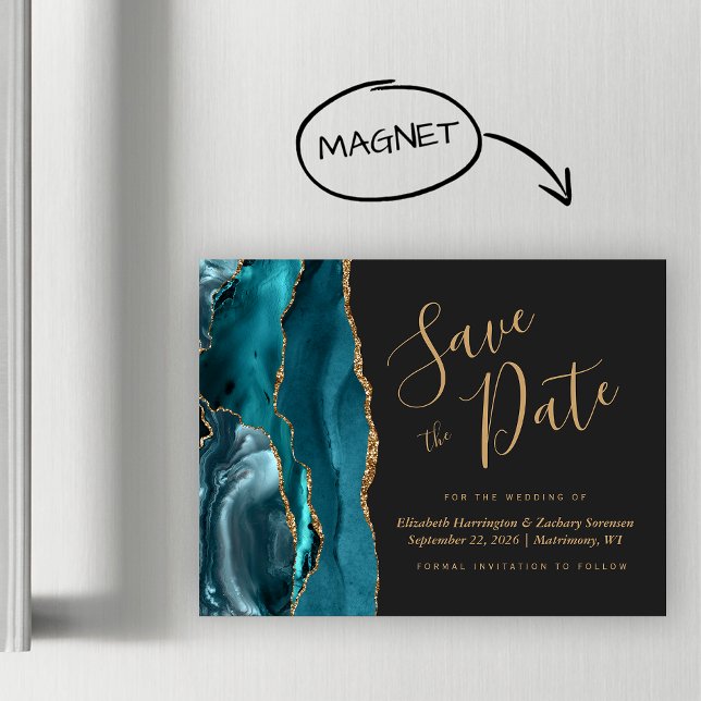 Teal Blue Gold Agate Dark Magnetic Save the Date (Creator Uploaded)