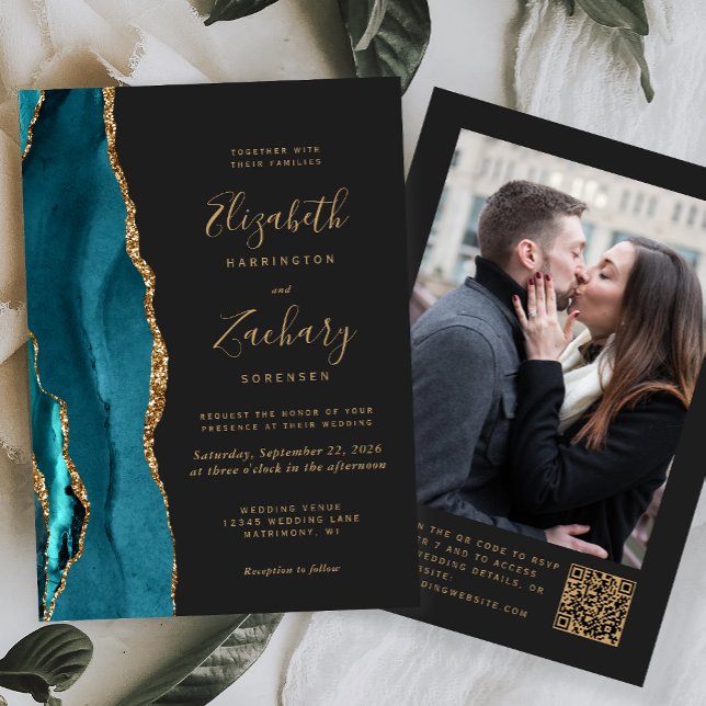 Teal Blue Gold Agate Dark Photo QR Code Wedding Invitation (Creator Uploaded)