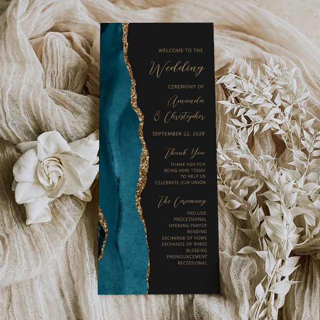 Teal Blue Gold Agate Dark Wedding Program (Creator Uploaded)