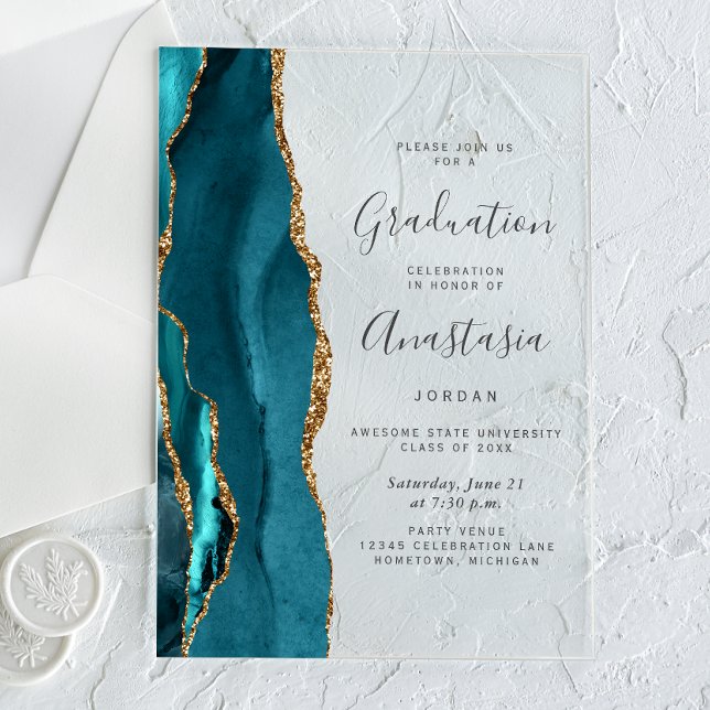 Teal Blue Gold Agate Grey Text Graduation Acrylic Invitations (Creator Uploaded)