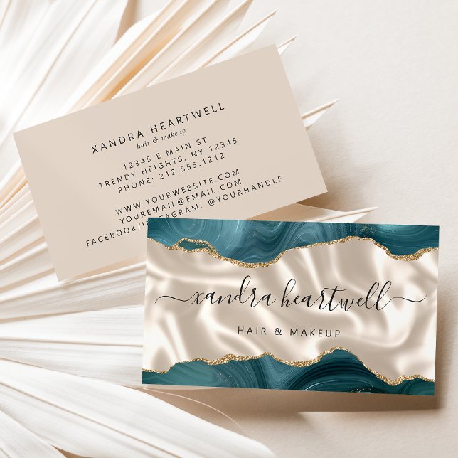 Teal Blue Gold Agate Ivory Luxury Business Card (Creator Uploaded)