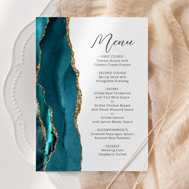 Teal Blue Gold Agate Modern Script Wedding Menu (Creator Uploaded)