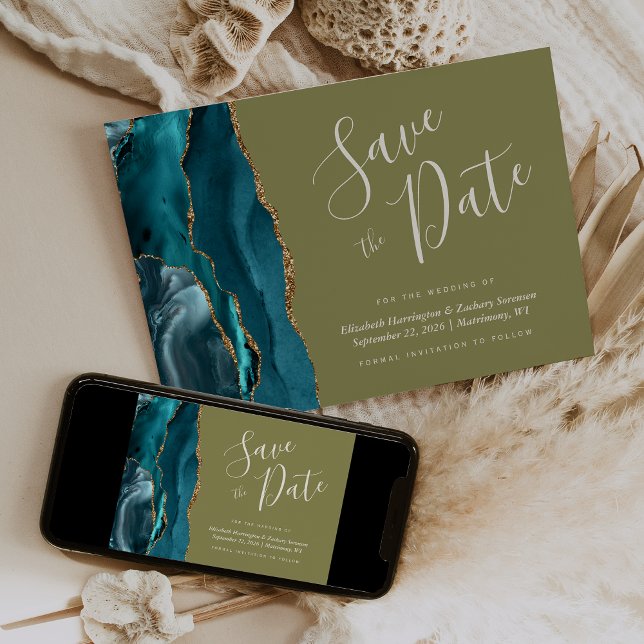 Teal Blue Gold Agate Olive Green Save the Date Invitation (Creator Uploaded)