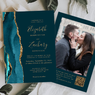 Teal Blue Gold Agate Photo QR Code Wedding Invitation