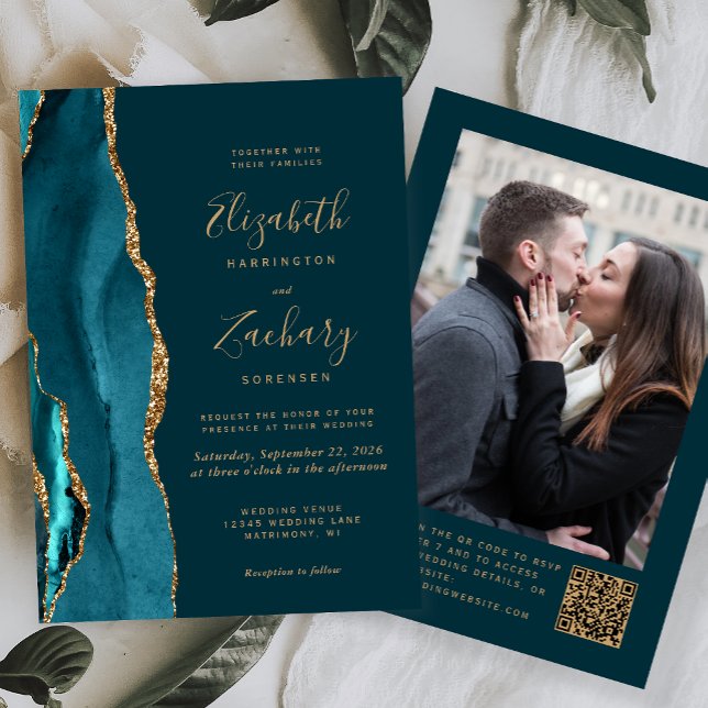 Teal Blue Gold Agate Photo QR Code Wedding Invitation (Creator Uploaded)