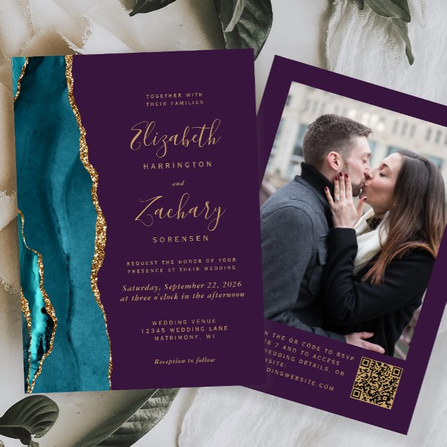 Teal Blue Gold Agate Purple Photo QR Code Wedding Invitation (Creator Uploaded)