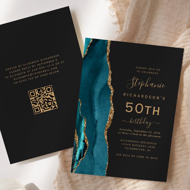 Teal Blue Gold Agate QR Code 50th Birthday Invitation (Creator Uploaded)