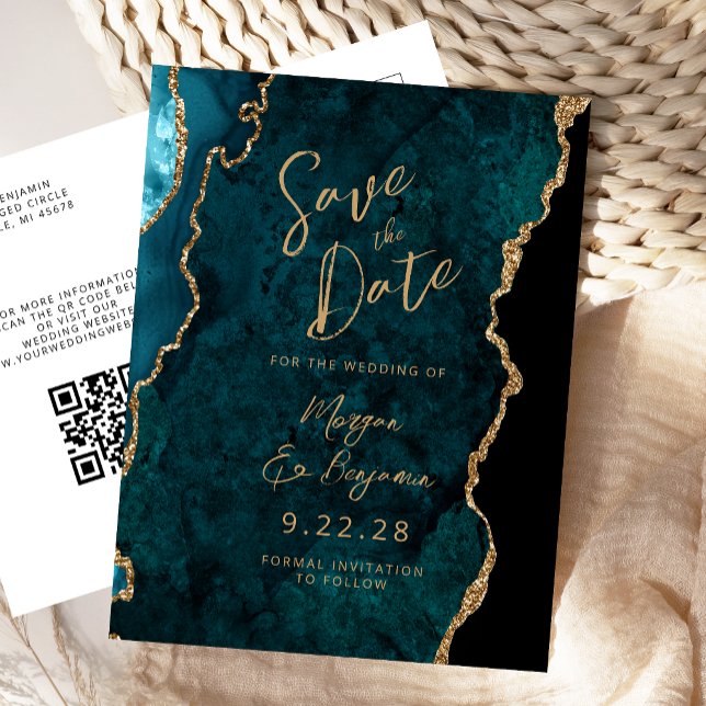 Teal Blue Gold Agate QR Code Save the Date Announcement Postcard (Creator Uploaded)